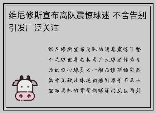 维尼修斯宣布离队震惊球迷 不舍告别引发广泛关注 维尼修斯宣布离队震惊球迷 不舍告别引发广泛关注