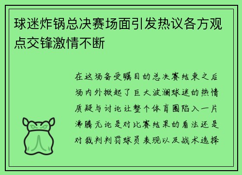 球迷炸锅总决赛场面引发热议各方观点交锋激情不断